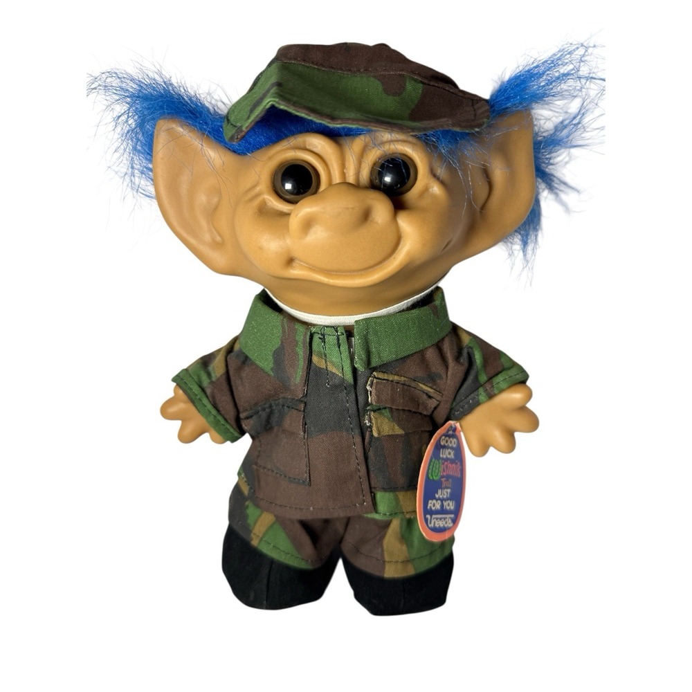 Vintage 1980s 90s Uneeda Wishnik Troll Doll 9" Army Soldier Rainbow Hair